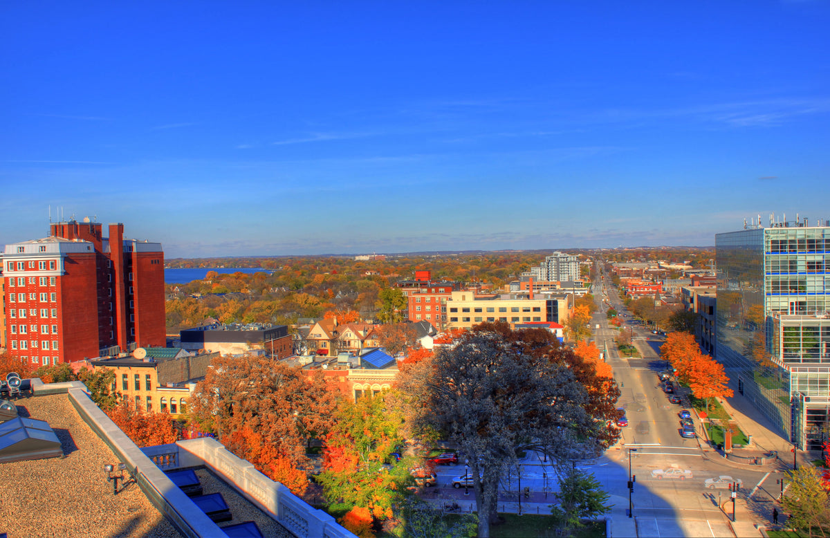 Madison rooftops and autumn trees viewed from the Capitol