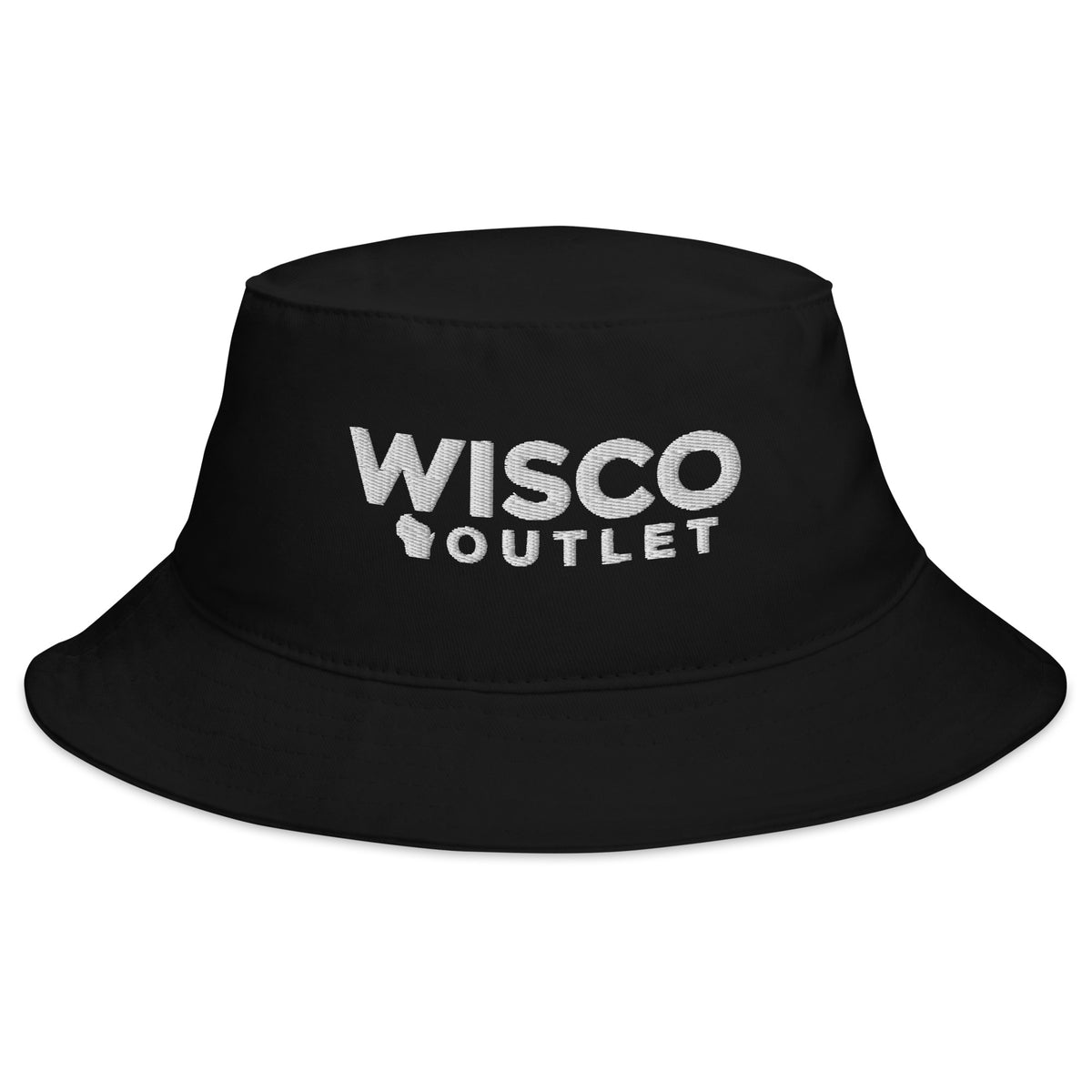 Wisco Wordmark Bucket Hat in Black with white embroidery, front view