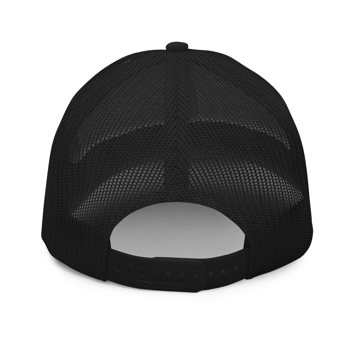 Wisco Wordmark Trucker Hat — Curved Brim in Black with white embroidery, back view