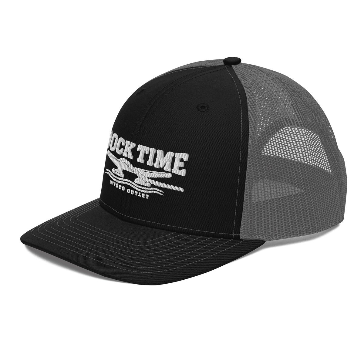 Dock Time Richardson 112 curved brim cap with white embroidery, black charcoal left front