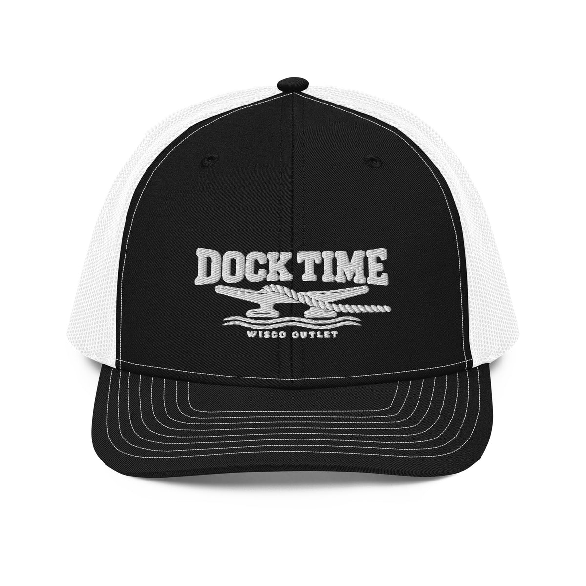 Dock Time Richardson 112 curved brim cap with white embroidery, black white front