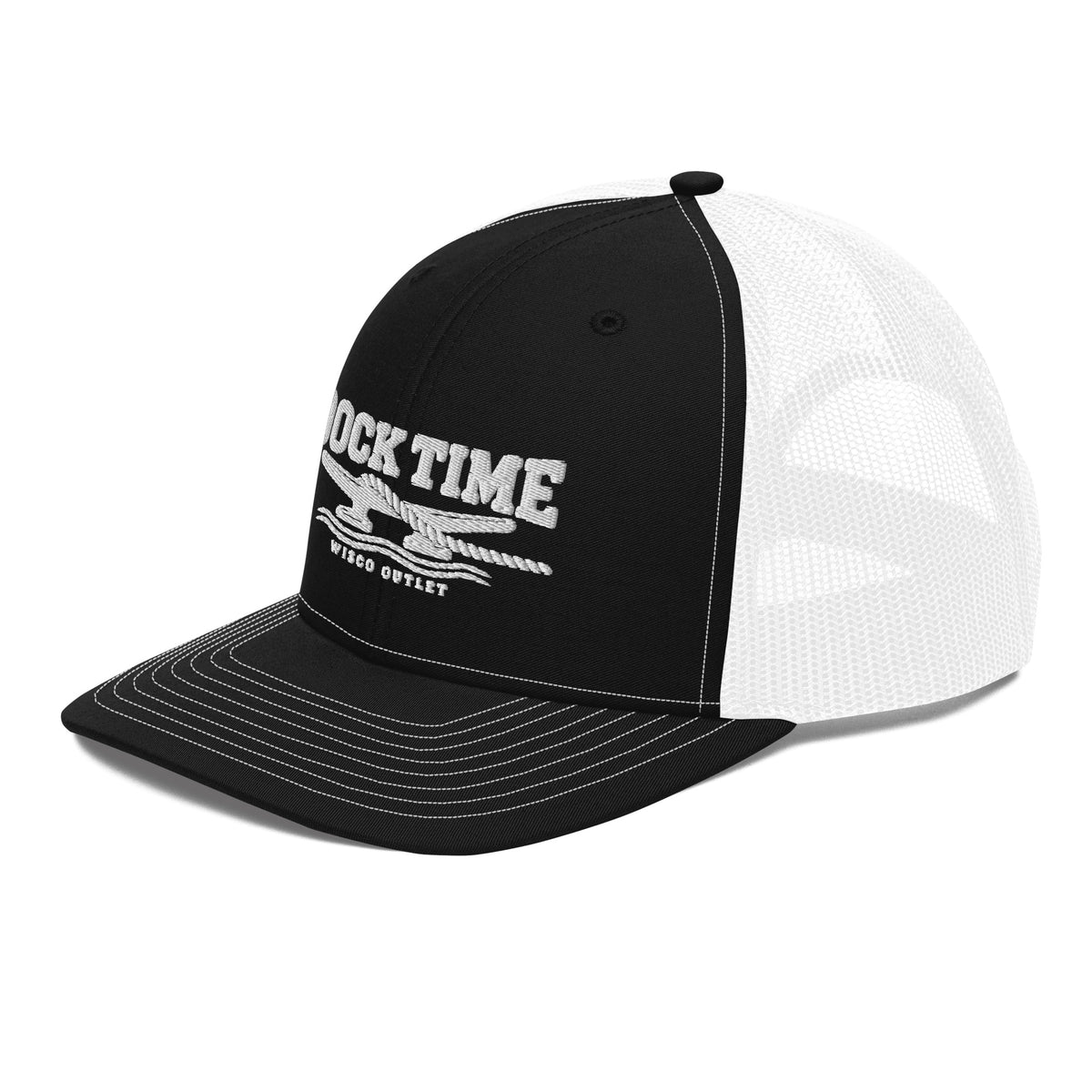 Dock Time Richardson 112 curved brim cap with white embroidery, black white left front