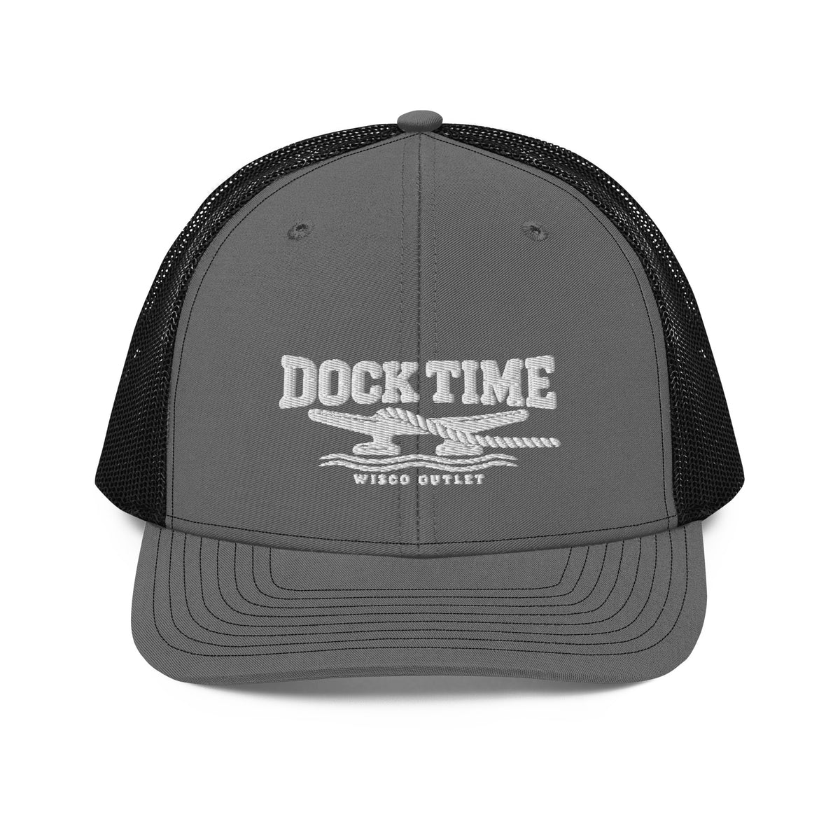 Dock Time Richardson 112 curved brim cap with white embroidery, charcoal black front