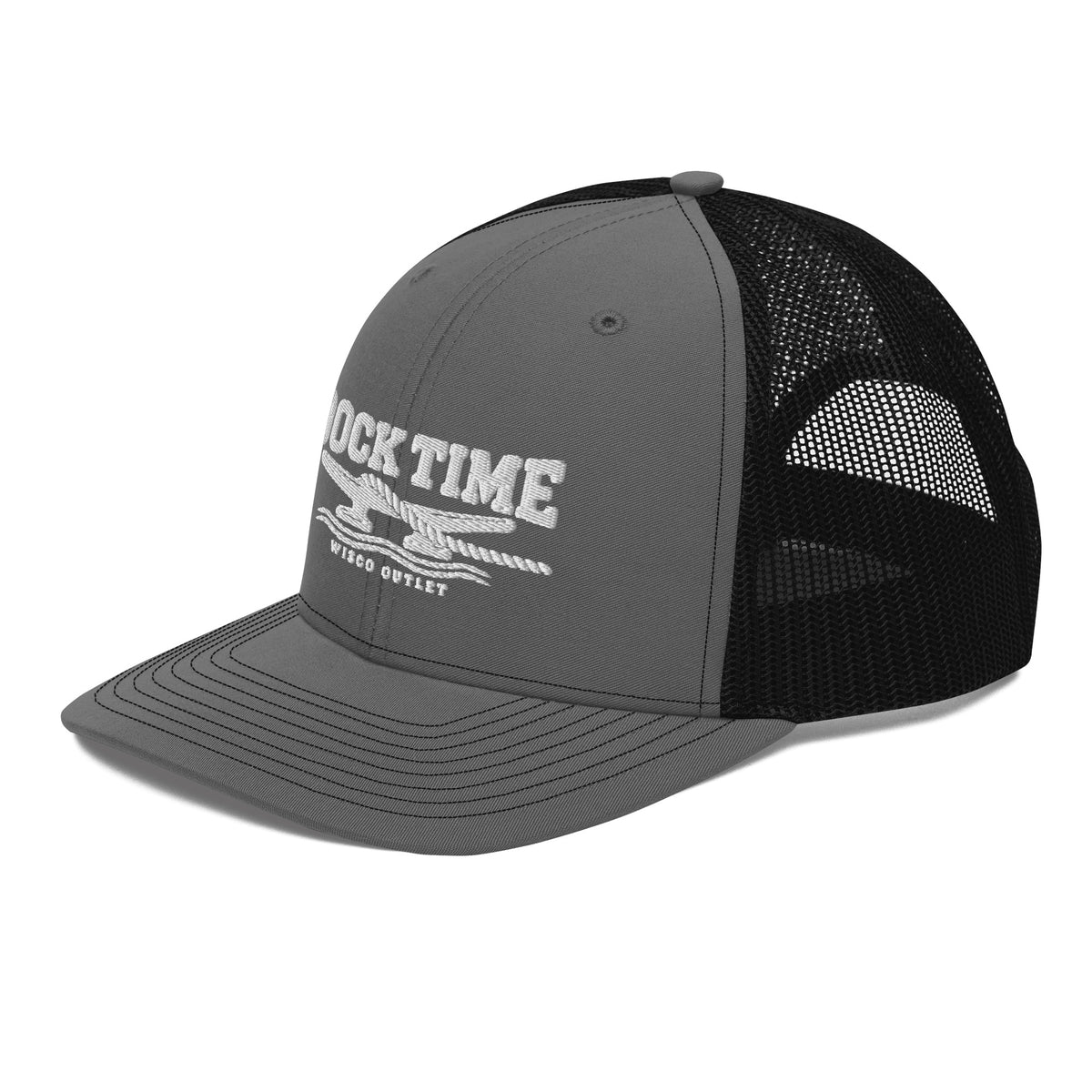Dock Time Richardson 112 curved brim cap with white embroidery, charcoal black left front