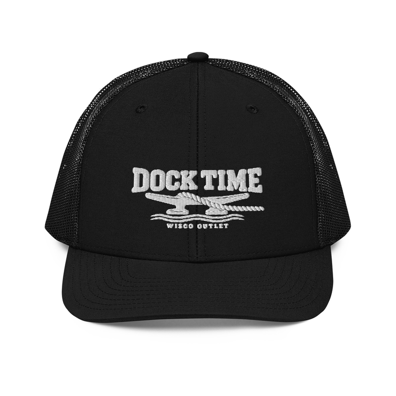 Dock Time Richardson 112 curved brim cap, Black, white embroidery front view