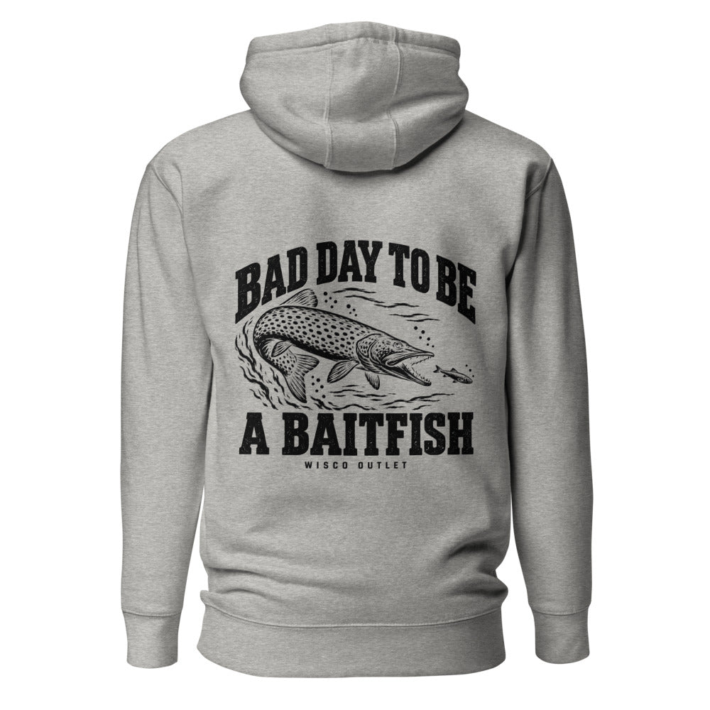 Wisco Outlet Bad Day to Be a Baitfish back design on Carbon Grey hoodie