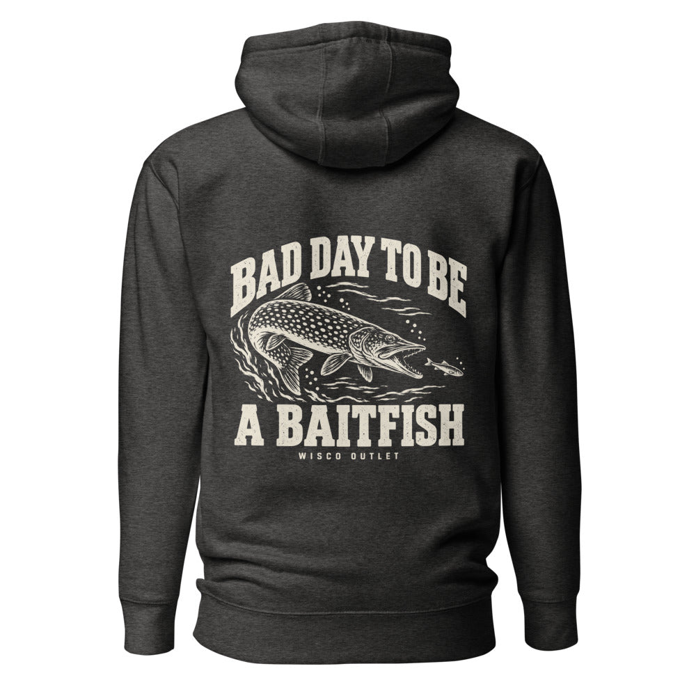 Wisco Outlet Bad Day to Be a Baitfish back design on Charcoal Heather hoodie
