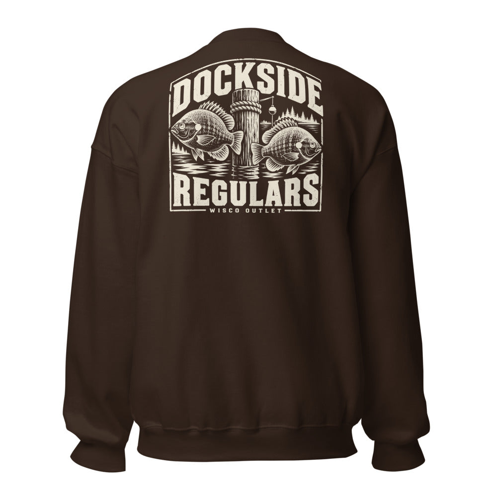 Wisco Outlet Dockside Regulars back design on Dark Chocolate crew
