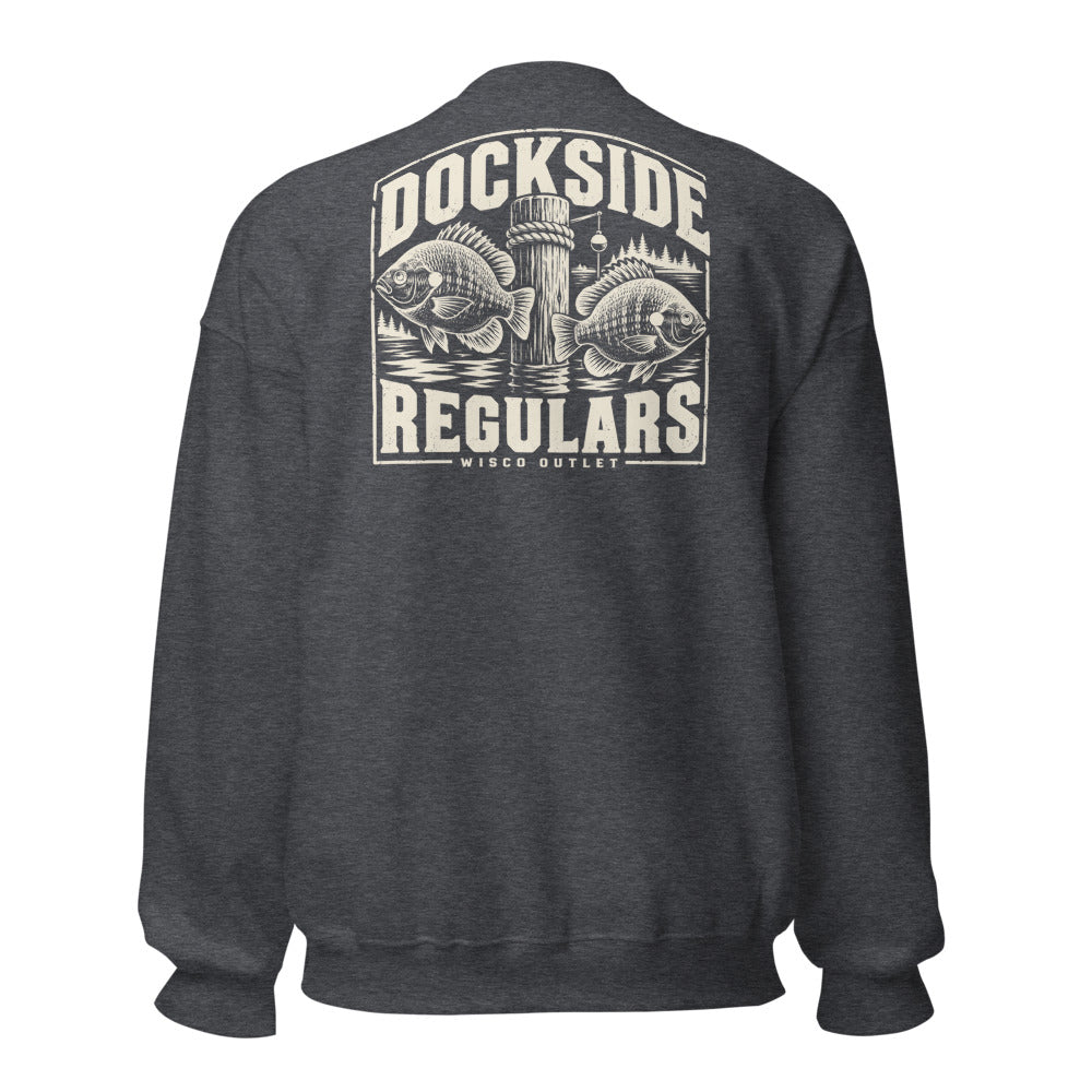 Wisco Outlet Dockside Regulars back design on Dark Heather crew