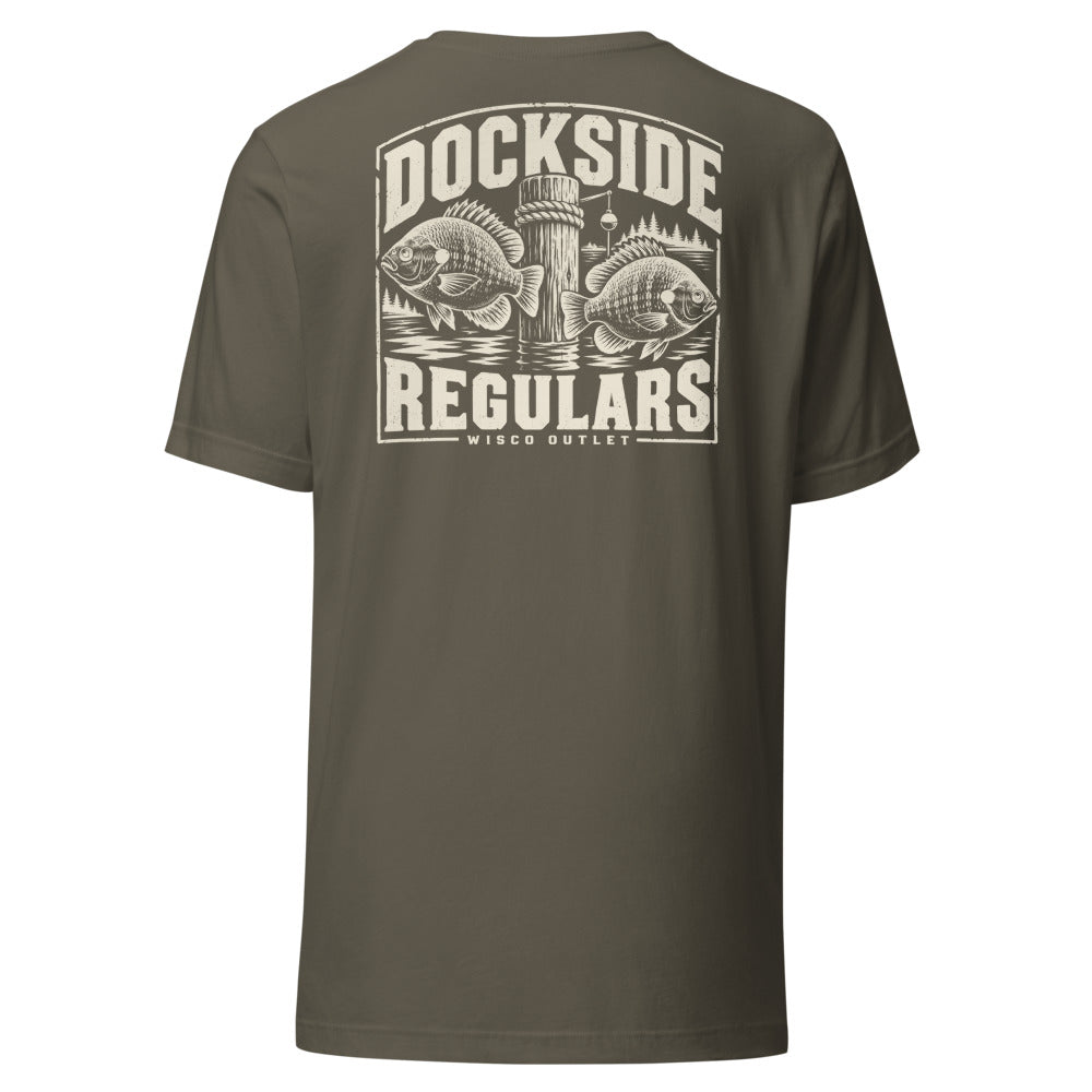 Wisco Outlet Dockside Regulars back design on Army tee
