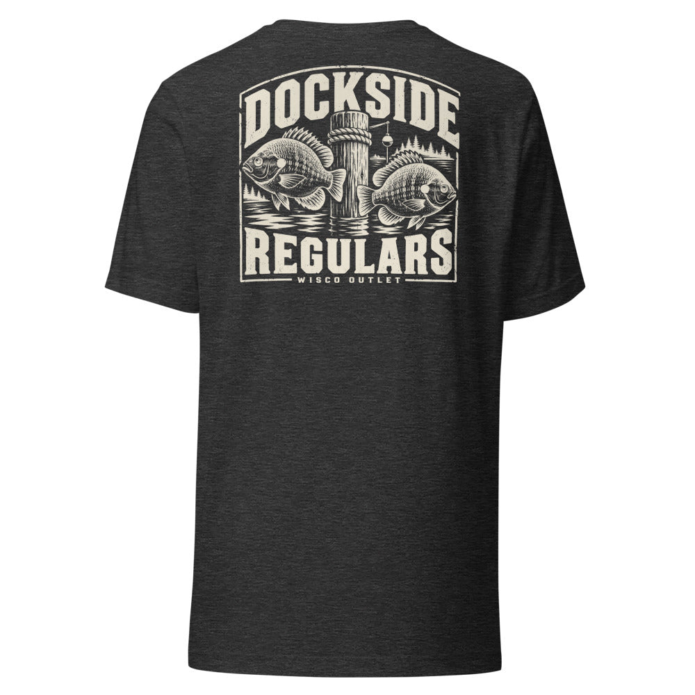 Wisco Outlet Dockside Regulars back design on Dark Grey Heather tee