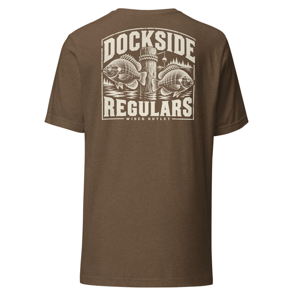 Wisco Outlet Dockside Regulars back design on Heather Brown tee