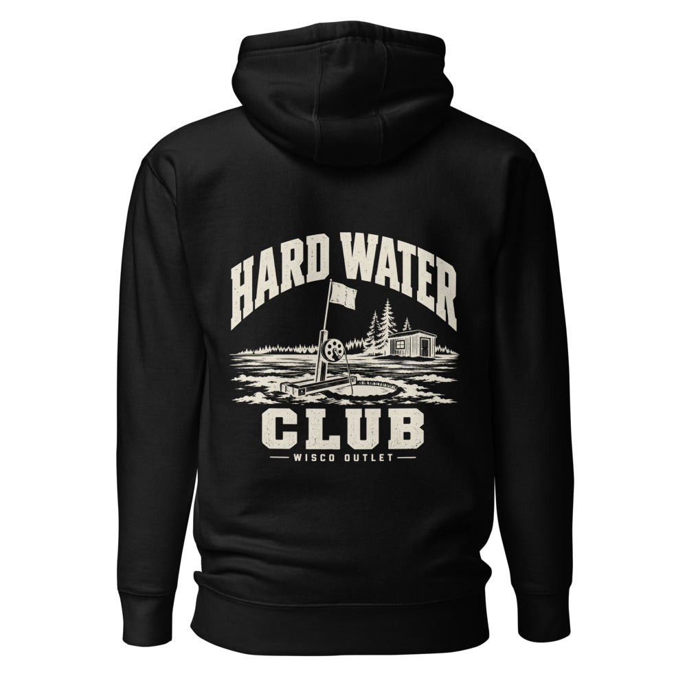 Wisco Outlet Hard Water Club back design on Black hoodie