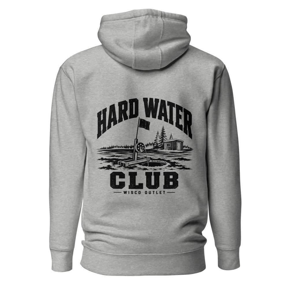 Wisco Outlet Hard Water Club back design on Carbon Grey hoodie