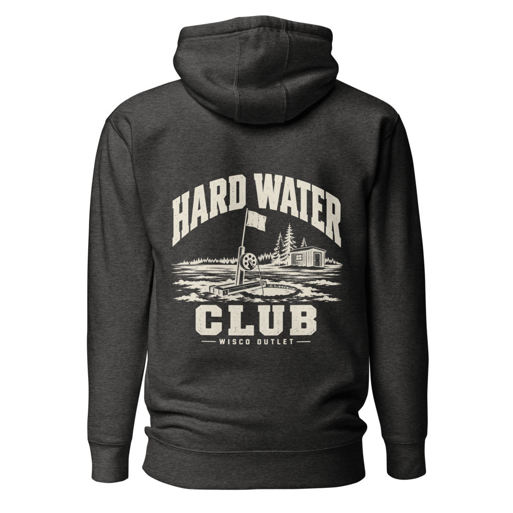 Wisco Outlet Hard Water Club back design on Charcoal Heather hoodie
