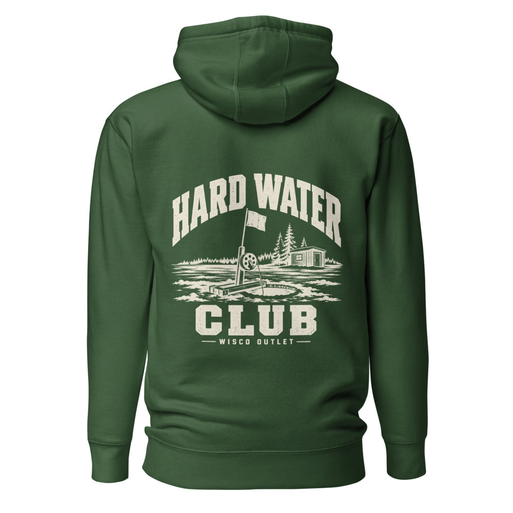 Wisco Outlet Hard Water Club back design on Forest Green hoodie