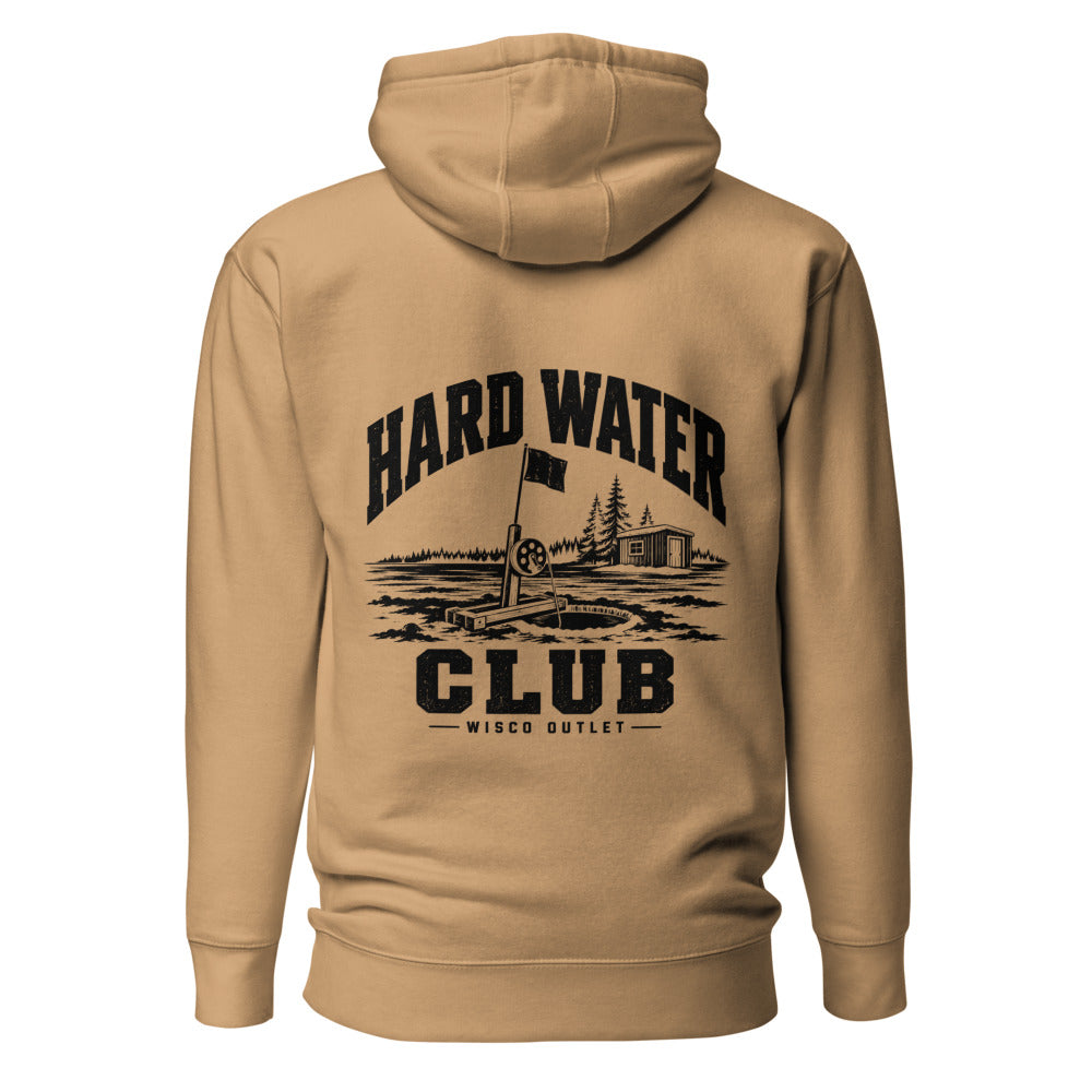 Wisco Outlet Hard Water Club back design on Khaki hoodie