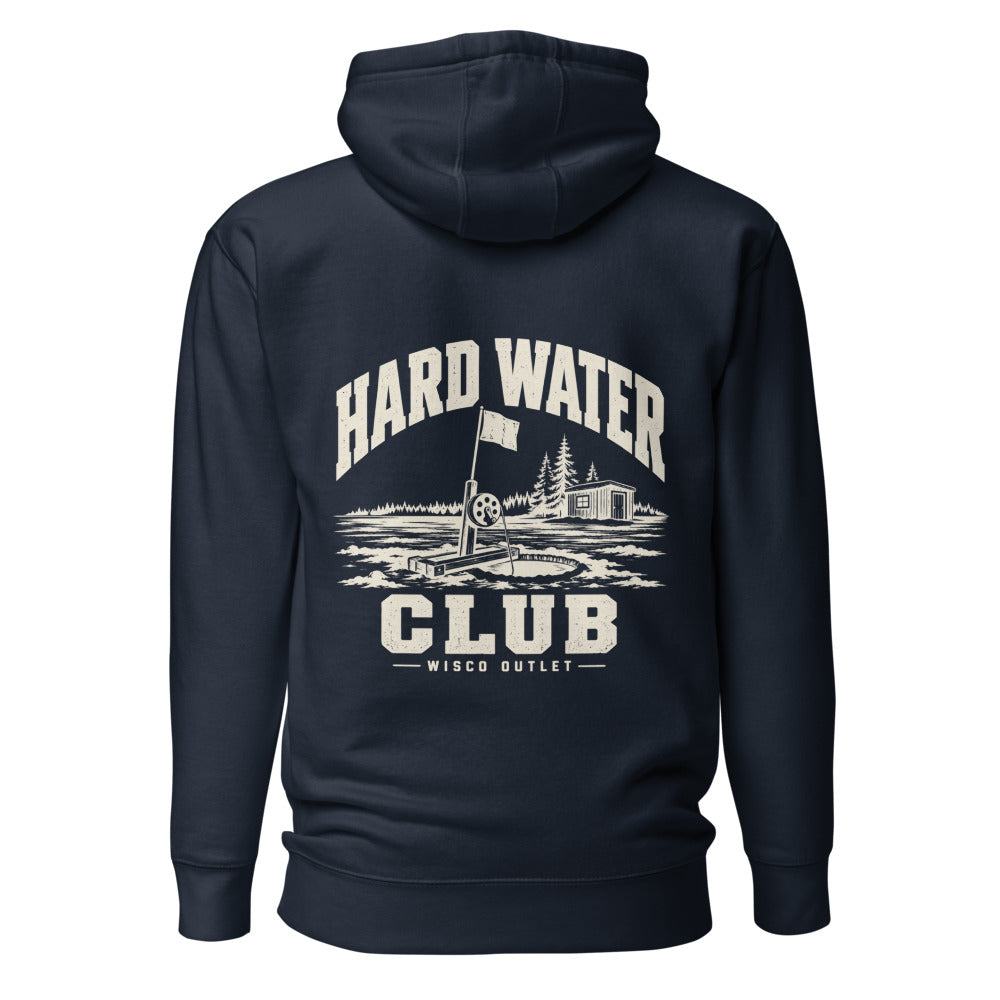 Wisco Outlet Hard Water Club back design on Navy Blazer hoodie