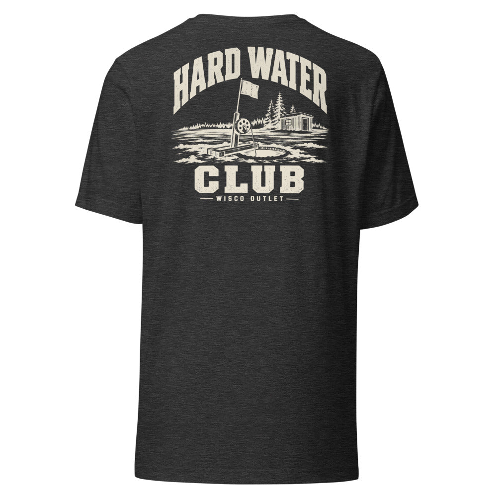 Wisco Outlet Hard Water Club back design on Dark Grey Heather tee