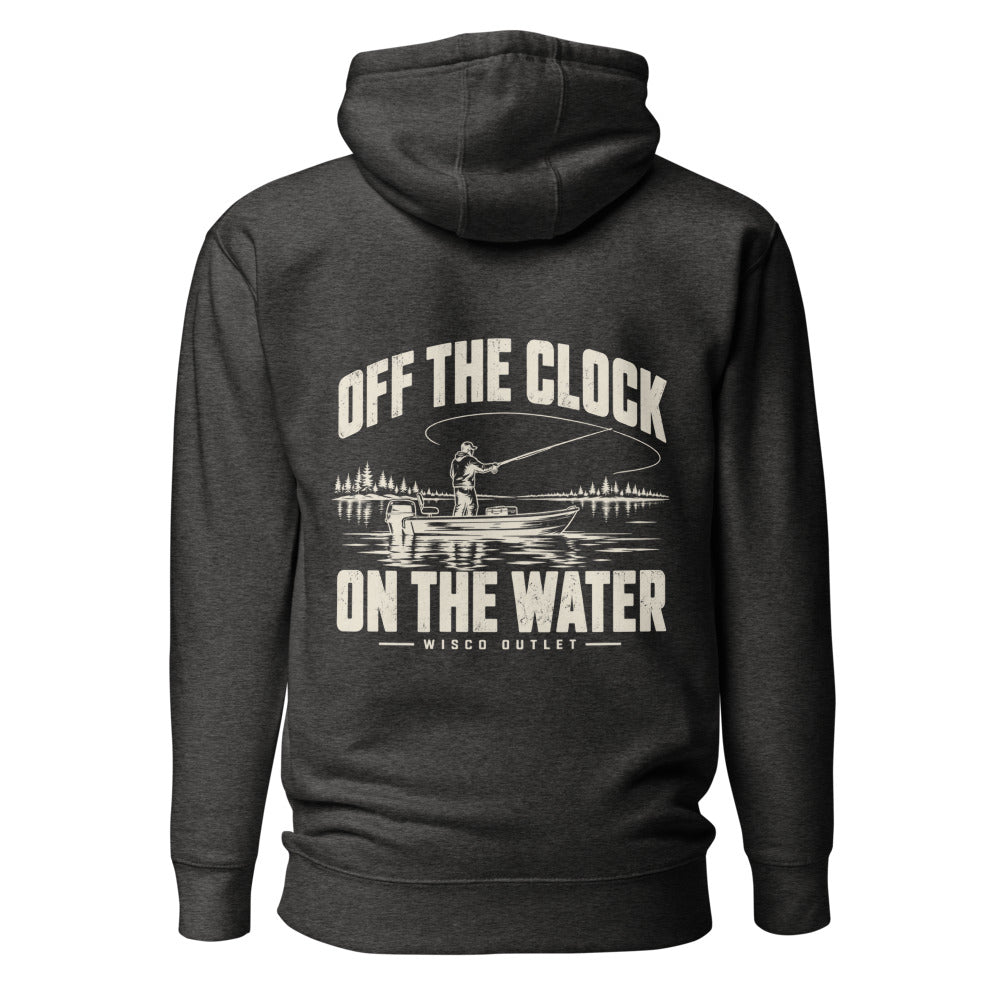 Wisco Outlet off the clock on the water back design on Charcoal Heather hoodie