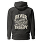 Wisco Outlet river therapy back design on Charcoal Heather hoodie