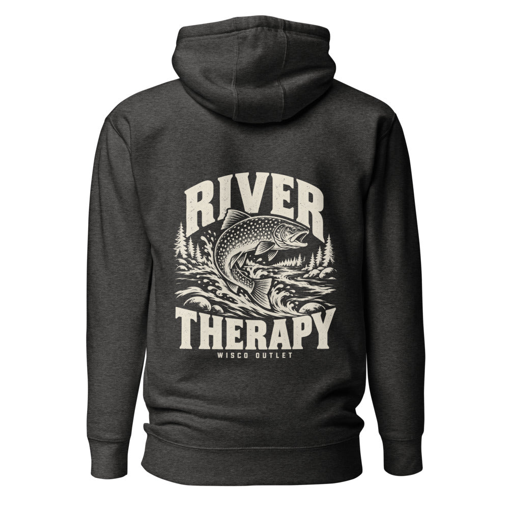 Wisco Outlet river therapy back design on Charcoal Heather hoodie