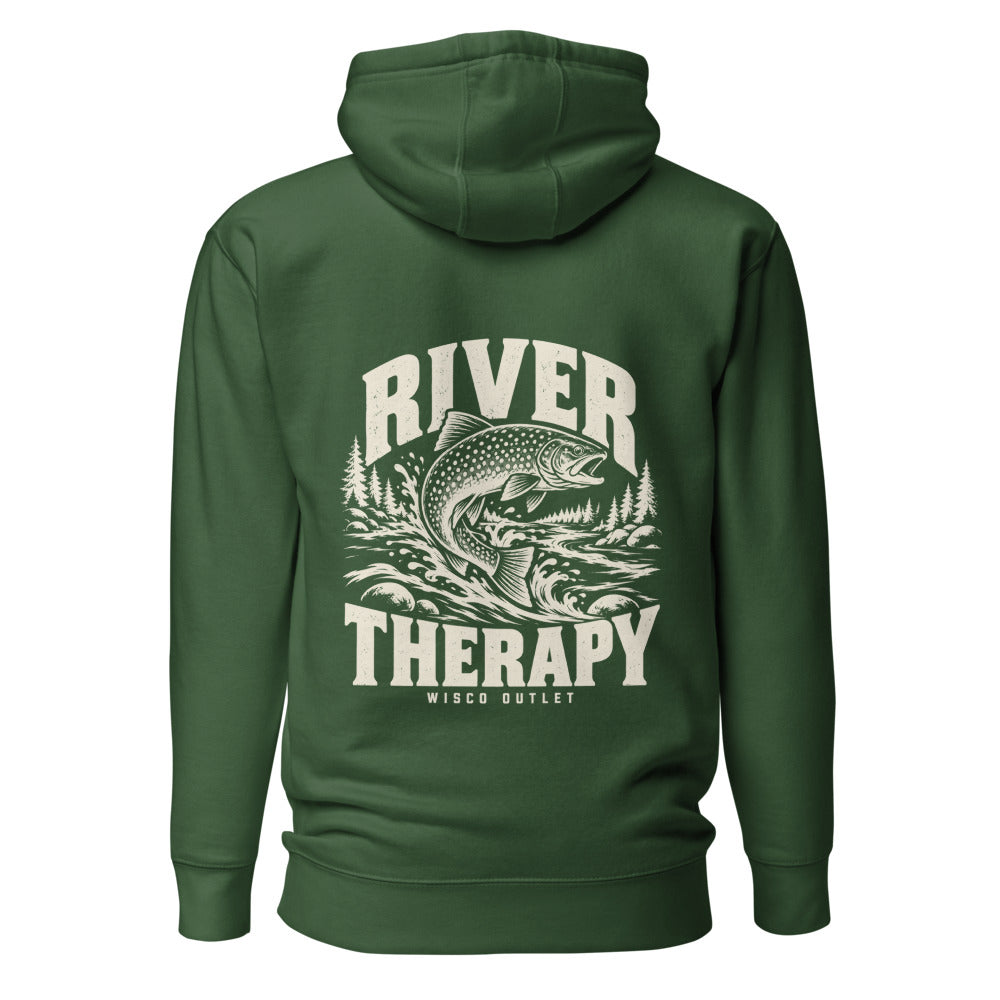 Wisco Outlet river therapy back design on Forest Green hoodie