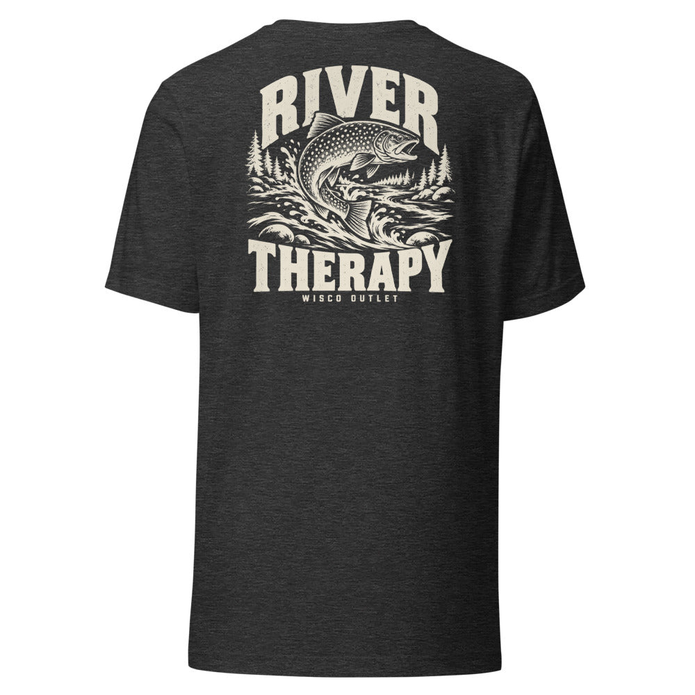 Wisco Outlet river therapy back design on Dark Grey Heather tee