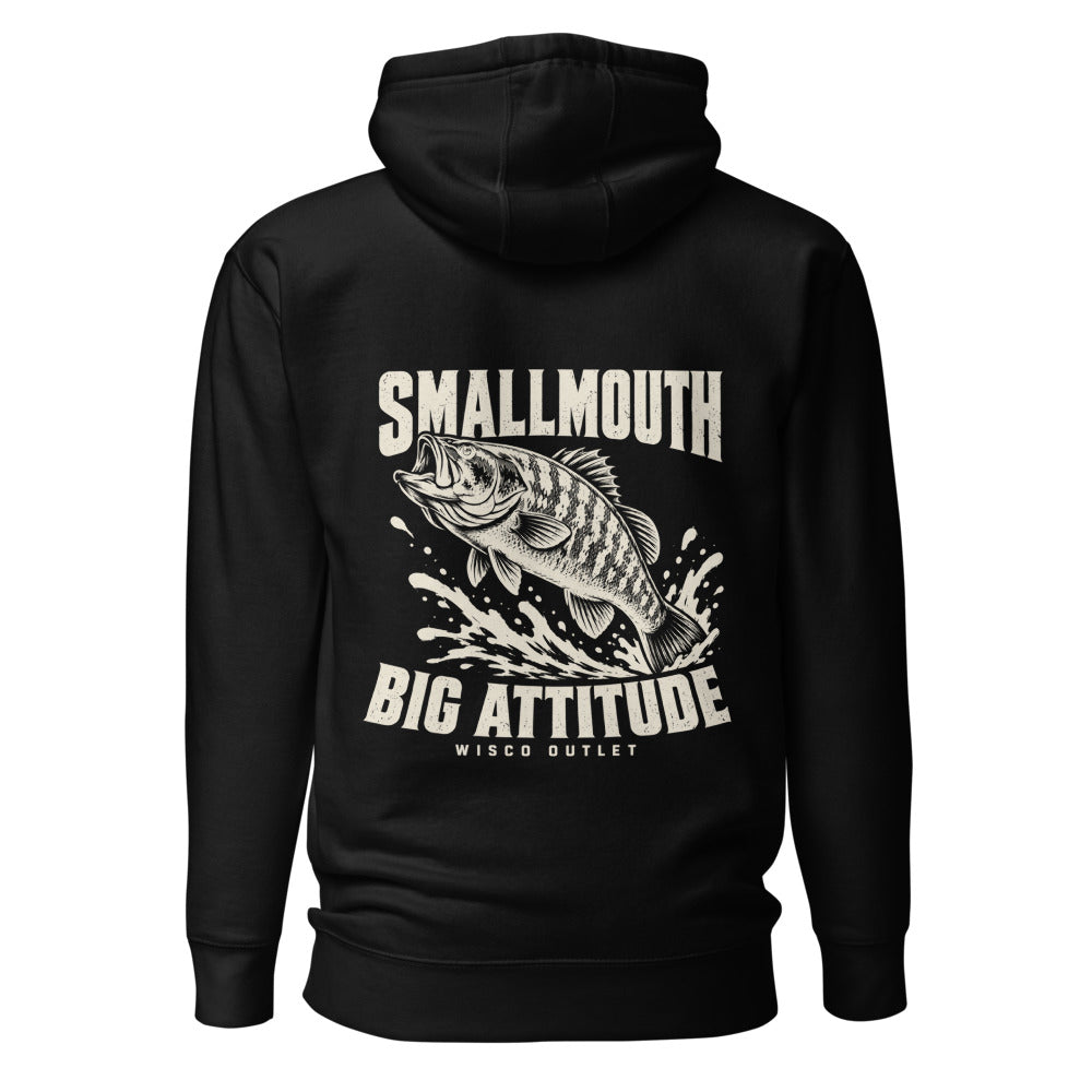 Wisco Outlet Smallmouth, Big Attitude back design on Black hoodie