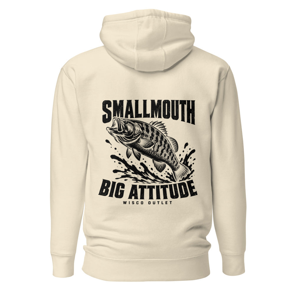 Wisco Outlet Smallmouth, Big Attitude back design on Bone hoodie