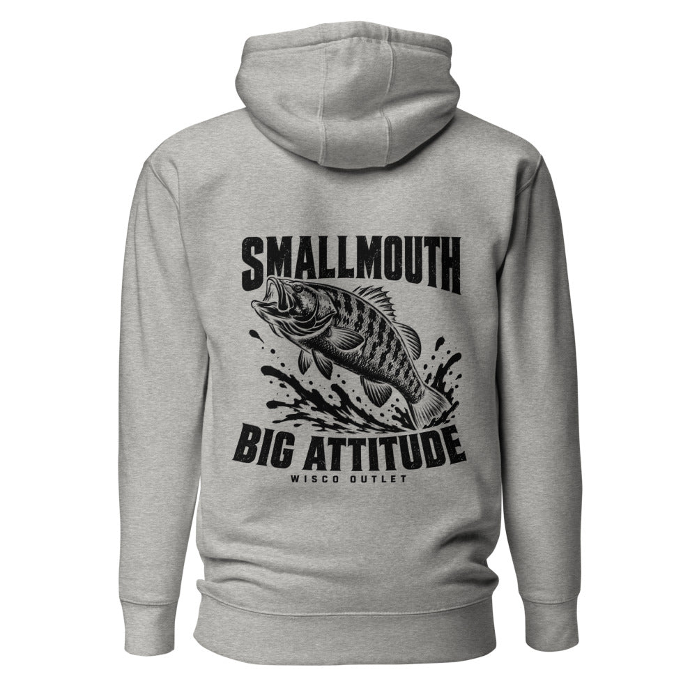 Wisco Outlet Smallmouth, Big Attitude back design on Carbon Grey hoodie