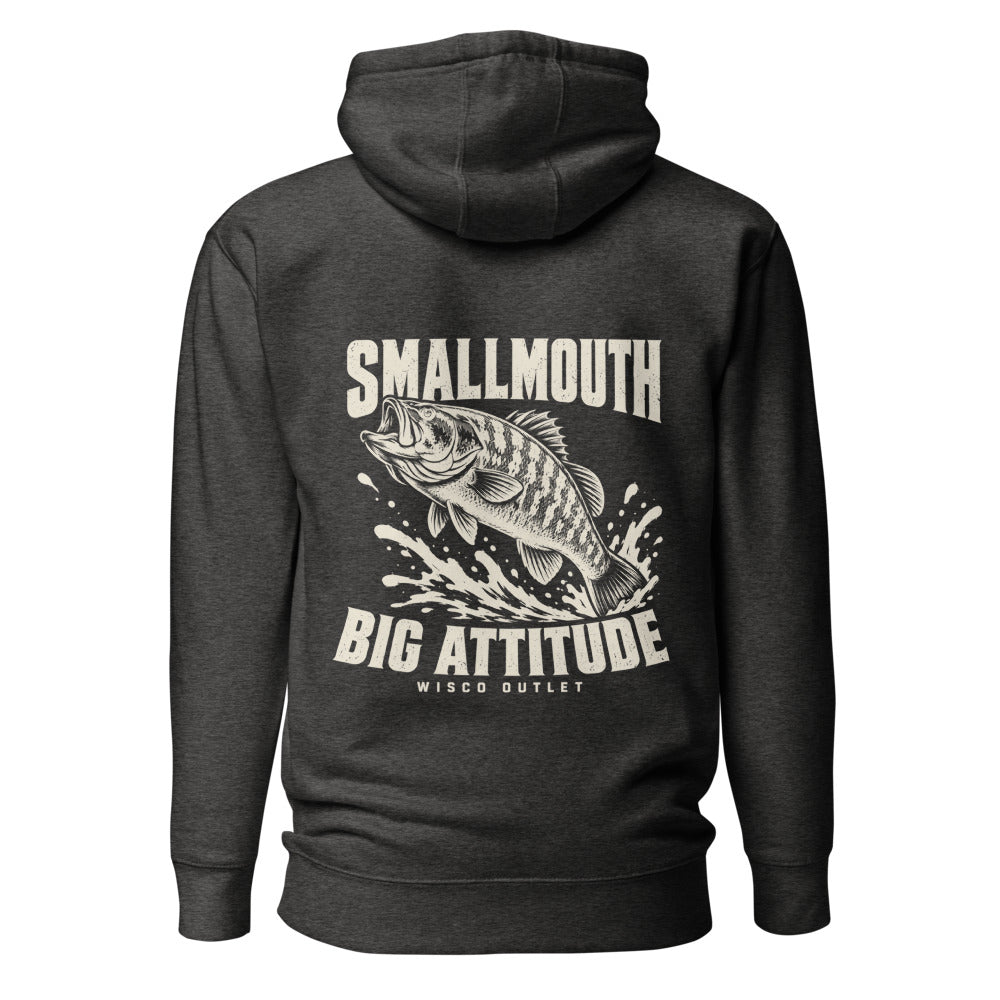 Wisco Outlet Smallmouth, Big Attitude back design on Charcoal Heather hoodie