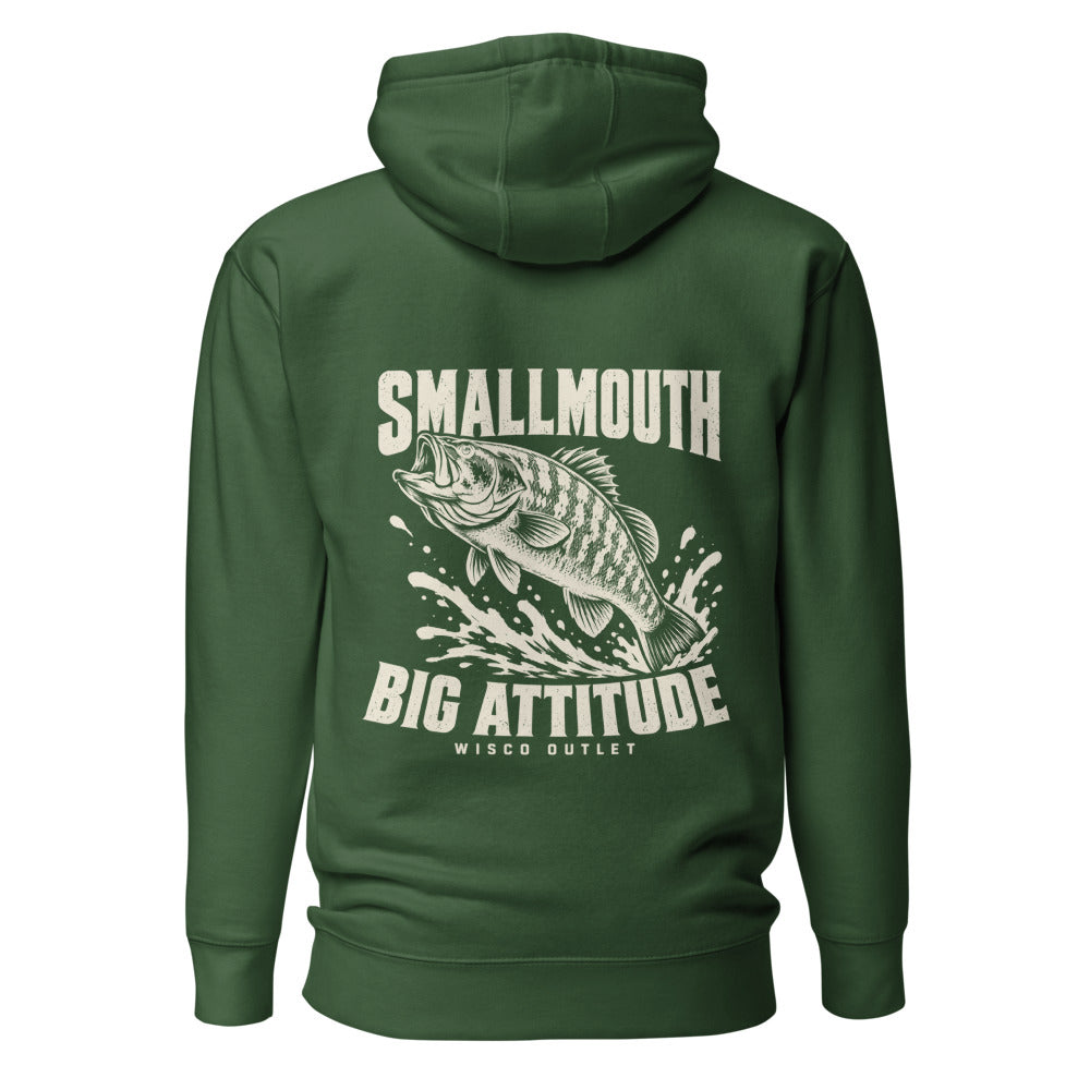 Wisco Outlet Smallmouth, Big Attitude back design on Forest Green hoodie