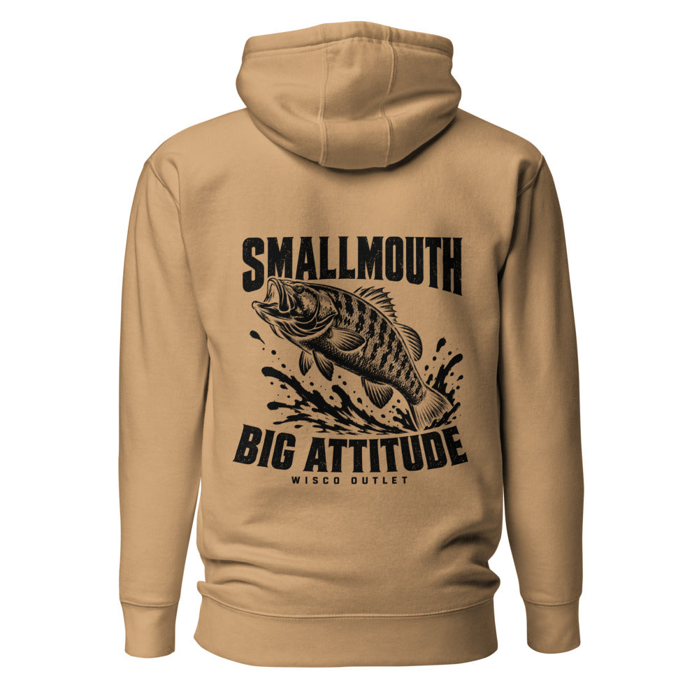 Wisco Outlet Smallmouth, Big Attitude back design on Khaki hoodie