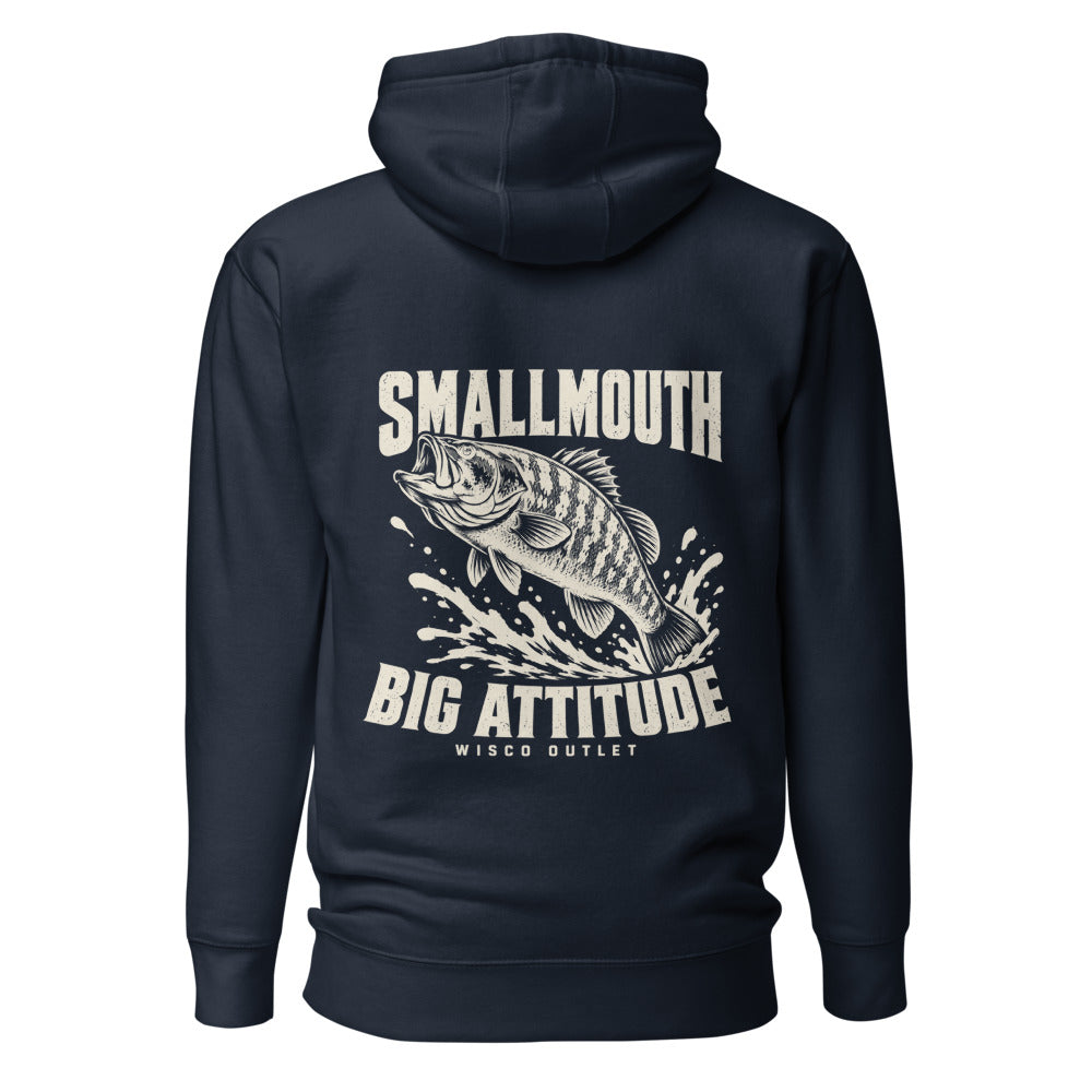 Wisco Outlet Smallmouth, Big Attitude back design on Navy Blazer hoodie
