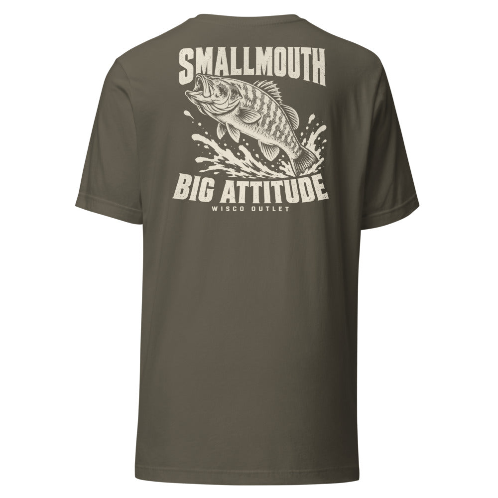 Wisco Outlet Smallmouth, Big Attitude back design on Army tee