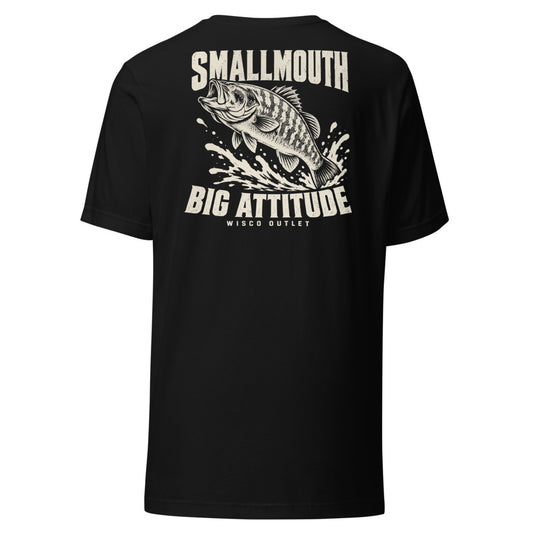 Wisco Outlet Smallmouth, Big Attitude back design on Black tee