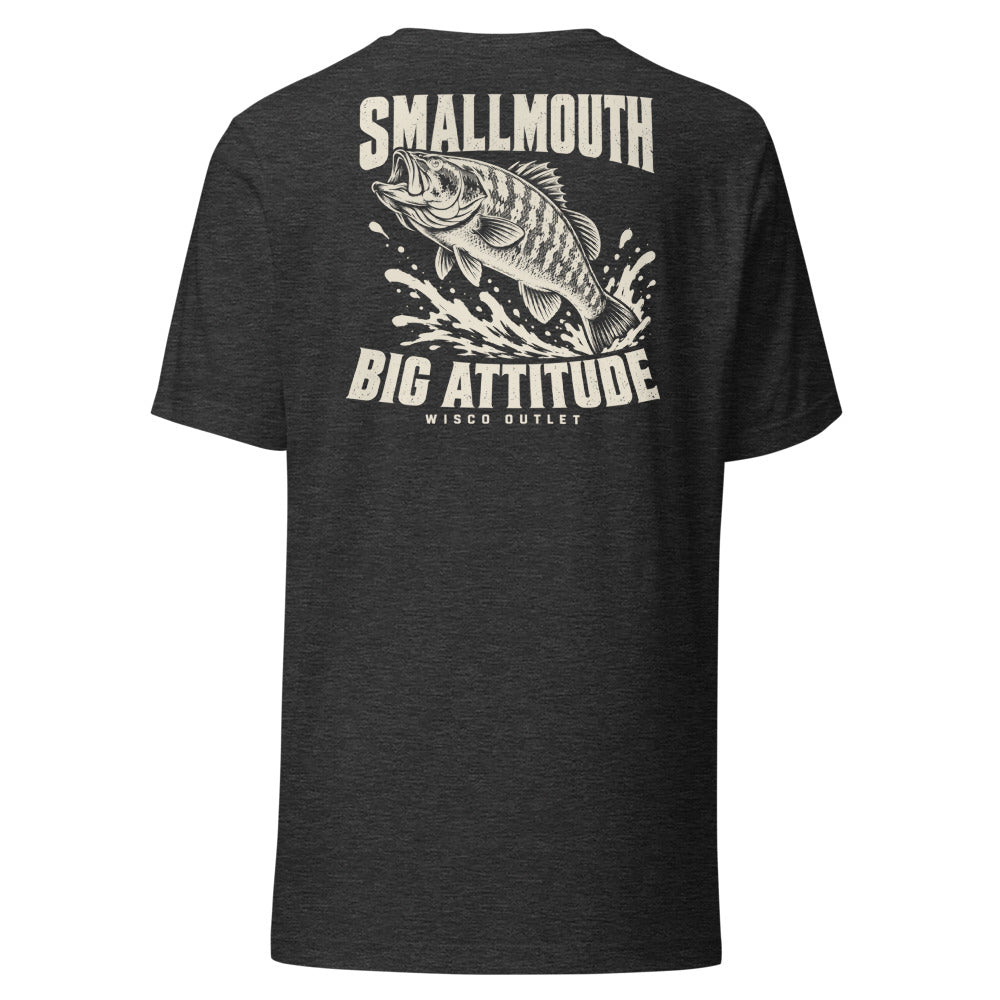 Wisco Outlet Smallmouth, Big Attitude back design on Dark Grey Heather tee