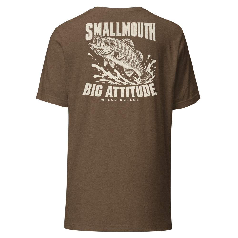 Wisco Outlet Smallmouth, Big Attitude back design on Heather Brown tee