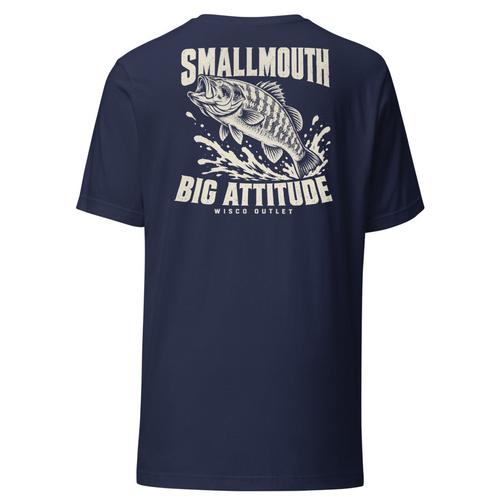 Wisco Outlet Smallmouth, Big Attitude back design on Navy tee