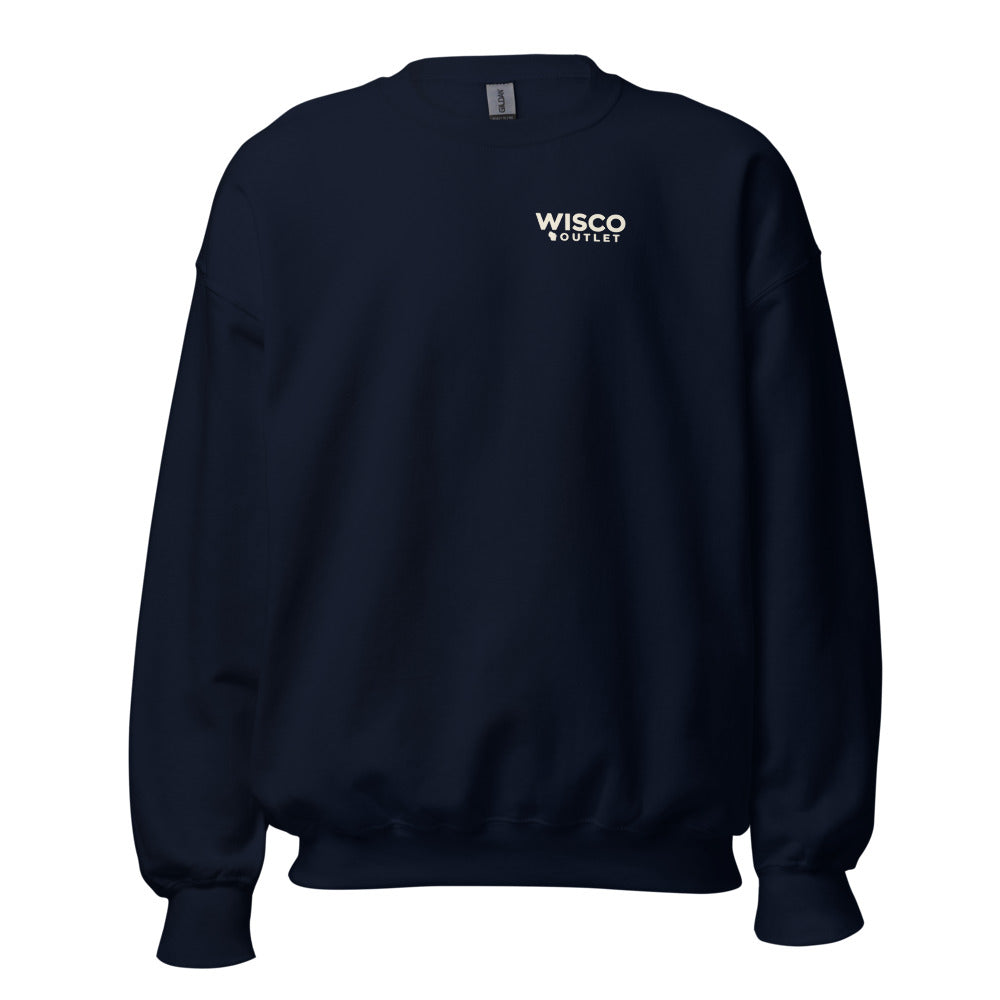 Wisco Outlet left-chest logo on Navy crew
