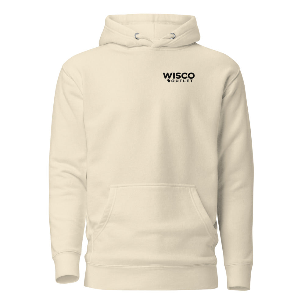Wisco Outlet left-chest logo on Bone hoodie