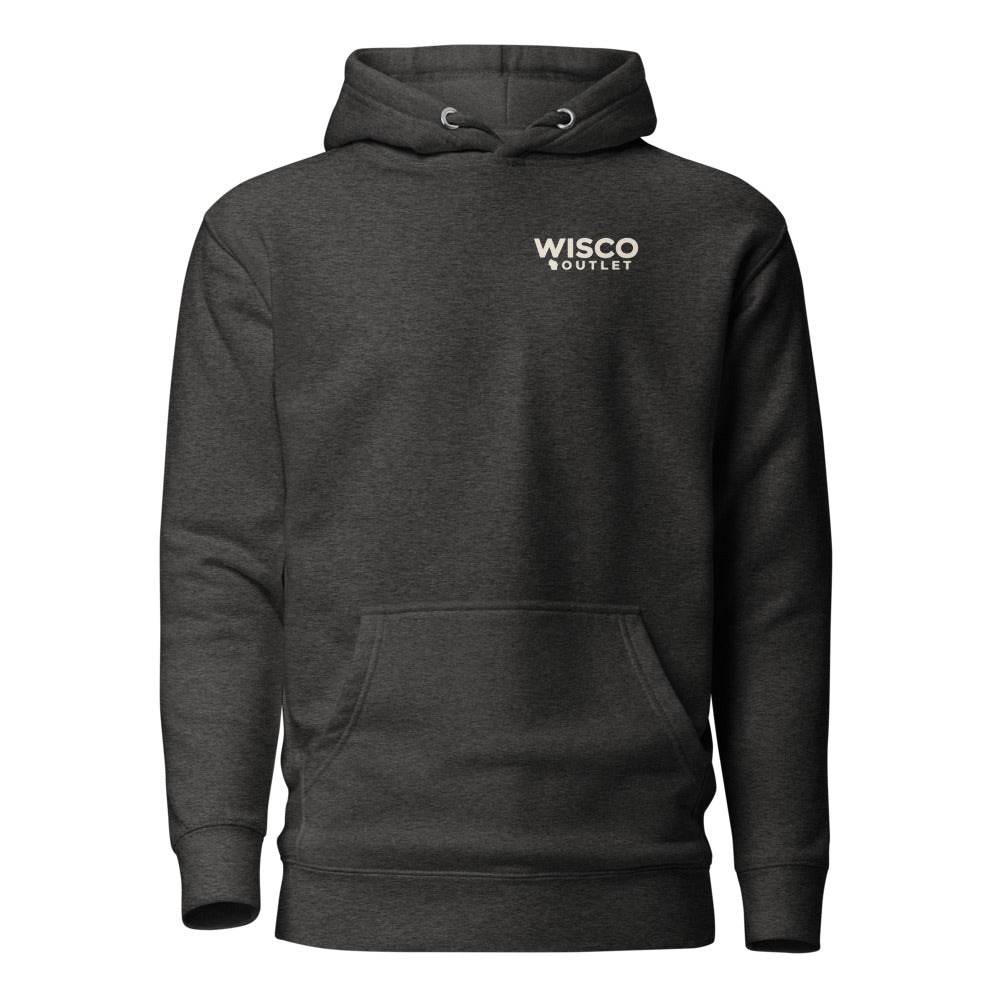 Wisco Outlet left-chest logo on Charcoal Heather hoodie