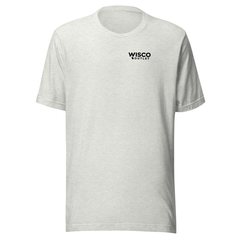 Wisco Outlet left-chest logo on Ash tee