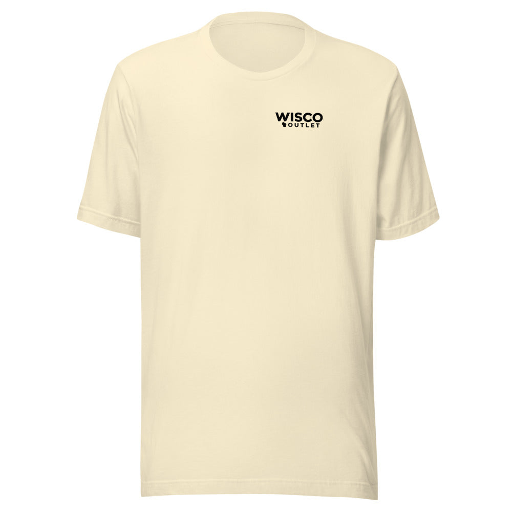 Wisco Outlet left-chest logo on Natural tee