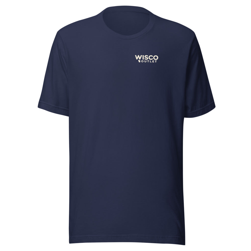 Wisco Outlet left-chest logo on Navy tee