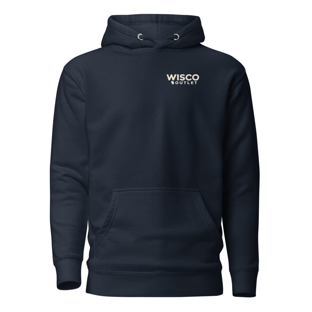 Wisco Outlet left-chest logo — Hoodie — Navy Blazer — front