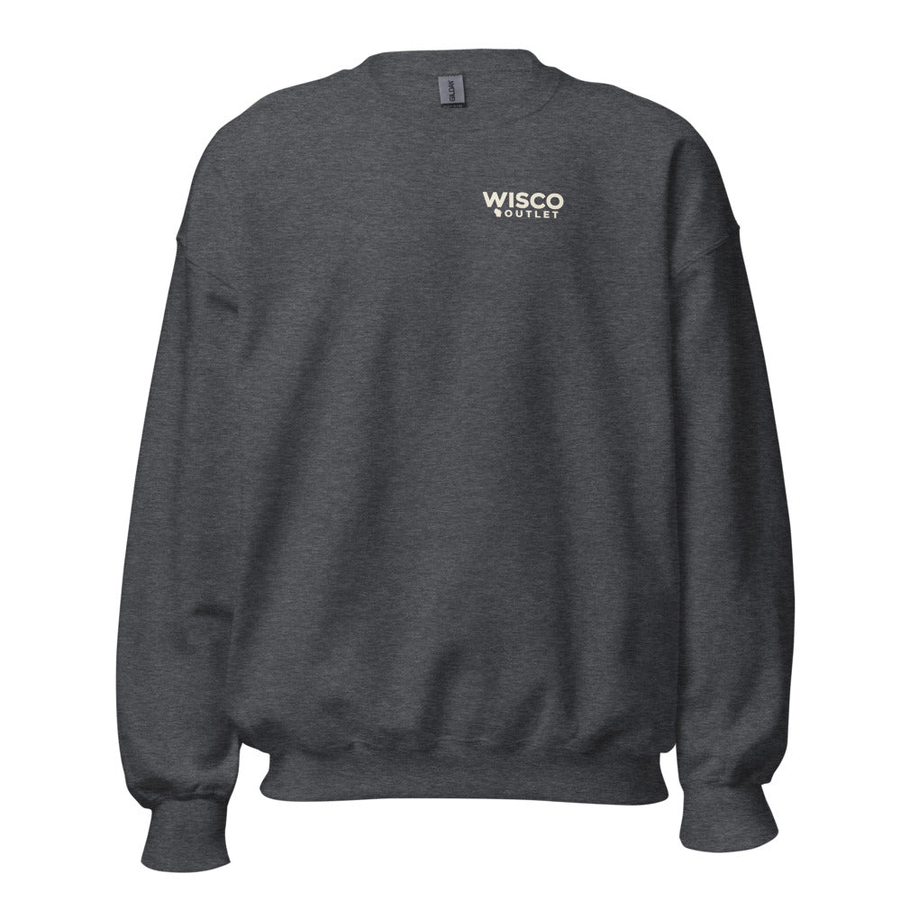 Wisco Outlet left-chest logo — crew — Dark Heather — front