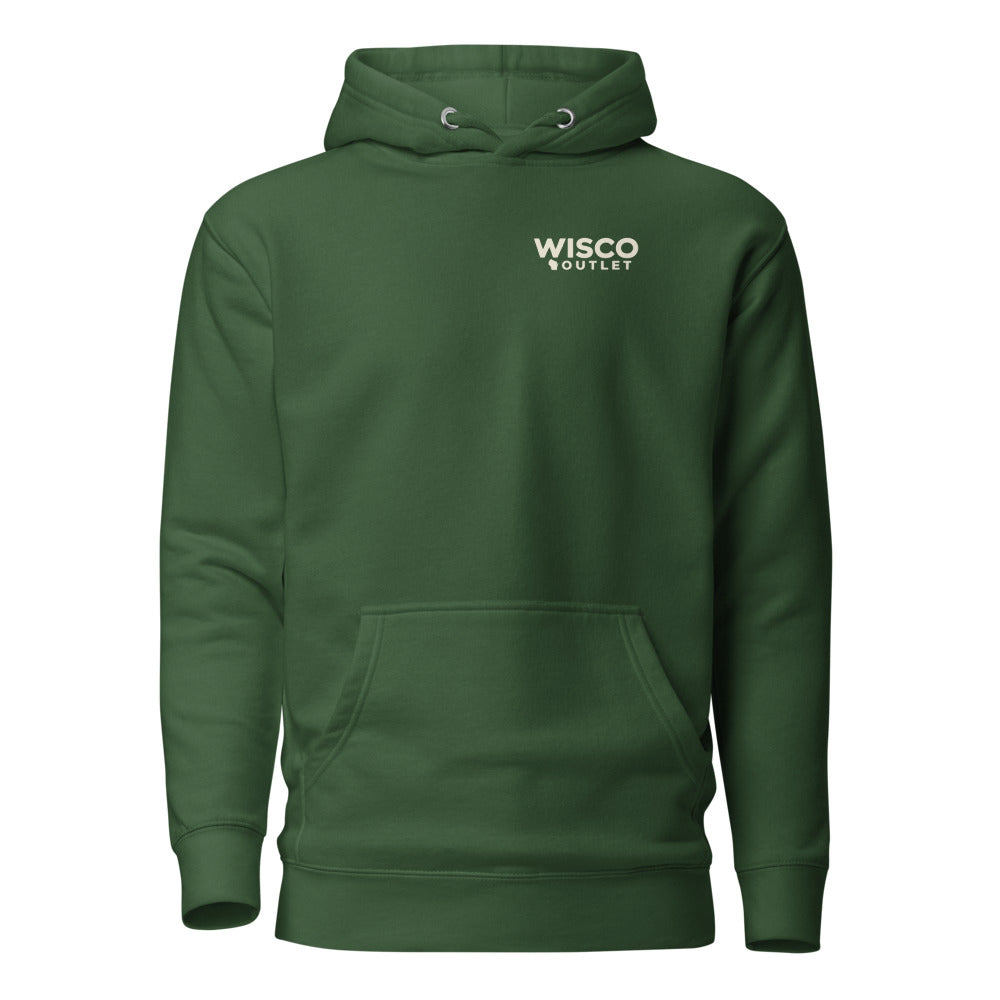 Wisco Outlet left-chest logo — hoodie — Forest Green — front